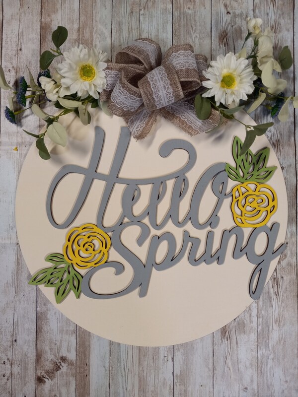 Hello Spring front door hanger, round wood wreath, front porch decor, front door hanging sign, spring floral wreath